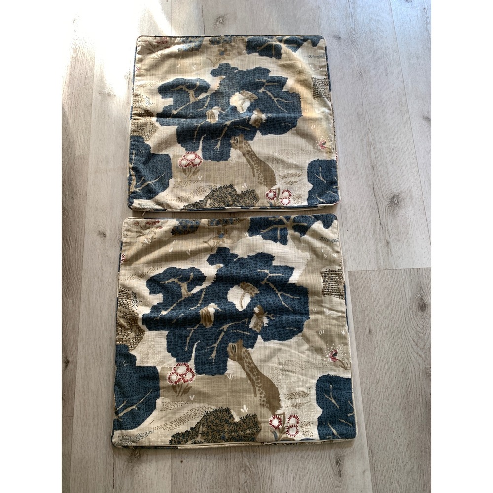 Safari Giraffe Print Square Pillow Covers Set of 2 Navy‎ Tan Linen Blend 22x22